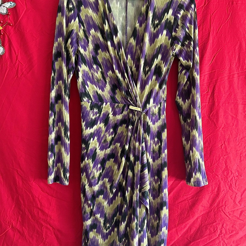 Michael Kors Long Sleeve Purple and Gold Wrap style Dress Size Small